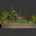 Wooden House Model with Garden Surrounded by Trees Flowers Small Stream and Outdoor Seating