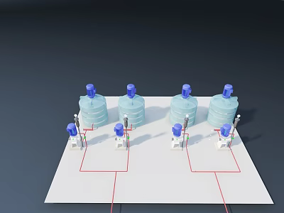 Industrial Equipment System With Large Blue Water Bottles On White Platform And Red Pipelines 3d model