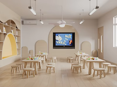 Bright Modern Kindergarten Classroom Interior With Wooden Furniture And TV 3d model