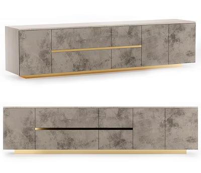 Modern Gray TV Cabinet With Gold Trim And Textured Surface Design 3d model