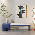 Blue And White Sofa Bench With Red Floor Lamp Green Plant And Art Painting