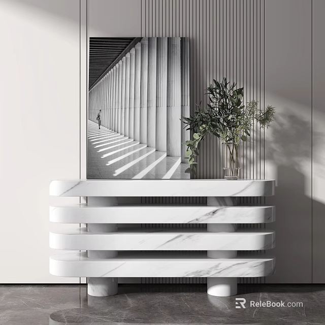 Modern White Marble Entryway Console Table With Green Plant And Mirror Reflection 3d model 