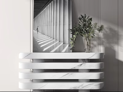Modern White Marble Entryway Console Table With Green Plant And Mirror Reflection 3d model