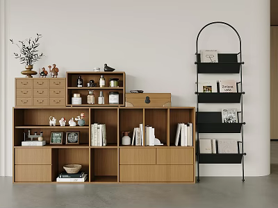 Modern Wooden Bookshelf With Open Shelves Storage Drawers Books And Decorative Items 3d model