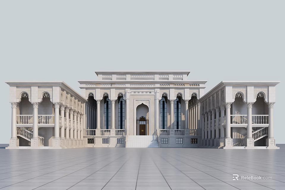 Ancient Architecture With Symmetrical Facade Arched Windows Intricate Carvings And Stone Steps 3d model 