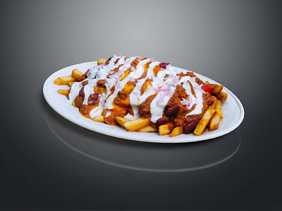 Loaded Fries Topped With White Sauce Red Seasoning And Beans On White Oval Plate 3d model