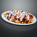 Loaded Fries Topped With White Sauce Red Seasoning And Beans On White Oval Plate