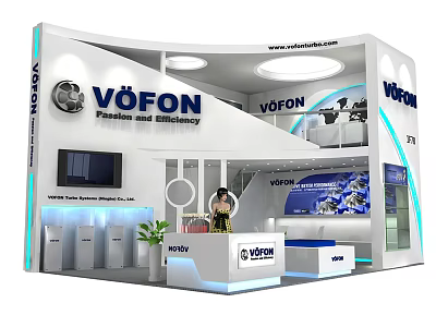 VÖFON Exhibition Booth Modern Design With Two Floor Structure Reception Desk Display Screen Brand Logo 3d model