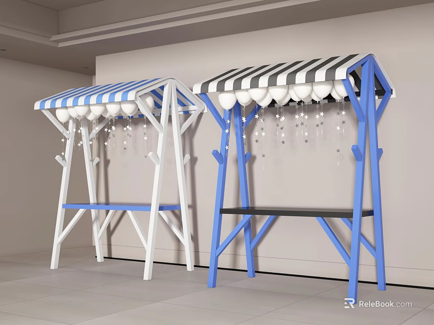 Two Outdoor Swings With Striped Canopies White Blue Frames Against White Wall Light Tiled Floor 3d model 