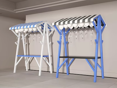 Two Outdoor Swings With Striped Canopies White Blue Frames Against White Wall Light Tiled Floor 3d model