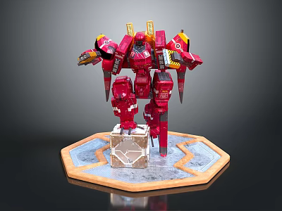 Detailed Red Mechanical Robot Model On Hexagonal Base With Yellow Accents 3d model
