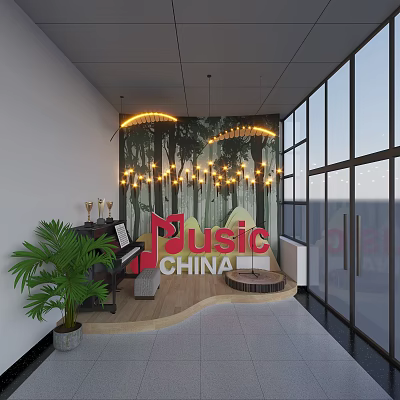 Music CHINA Exhibition Booth Featuring Modern Piano Lighting Decorations And Green Plant 3d model
