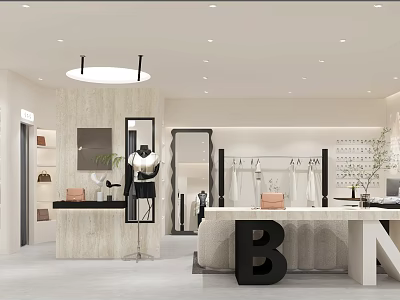 Modern Clothing Store Interior With Mannequins Display Racks And Cashier Counter 3d model