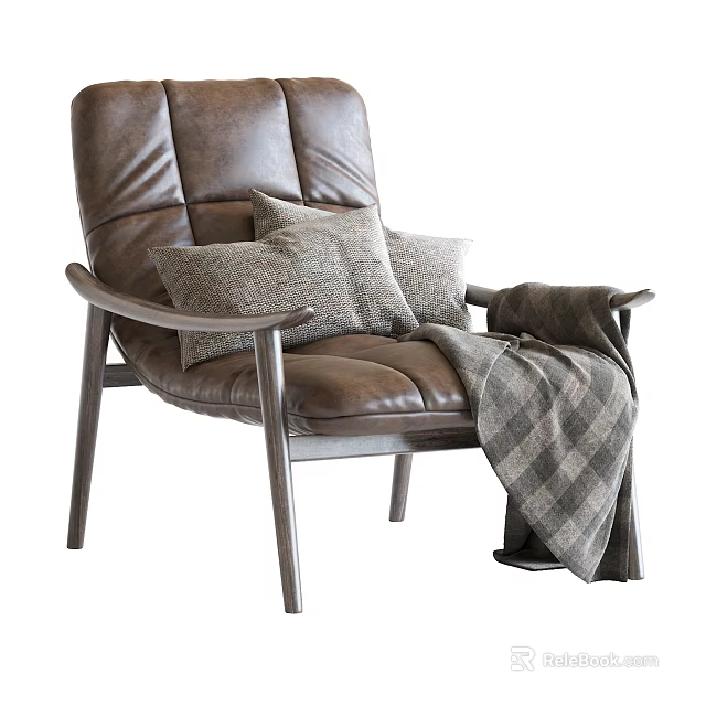 Comfortable Brown Leather Leisure Chair With Soft Pillows And Plaid Blanket 3d model 