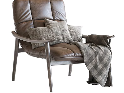 Comfortable Brown Leather Leisure Chair With Soft Pillows And Plaid Blanket 3d model