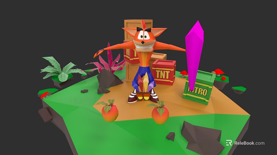 Fox Character With Tropical Plants Mangoes TNT Crates And Pink Crystal 3d model 