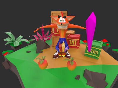 Fox Character With Tropical Plants Mangoes TNT Crates And Pink Crystal 3d model