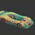 Streamlined Yellow and Red Race Car with Rear Wing and Number 16 on Body