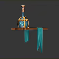 Yellow and Blue Decorative Bottle on Wooden Plank with Hanging Blue Cloth