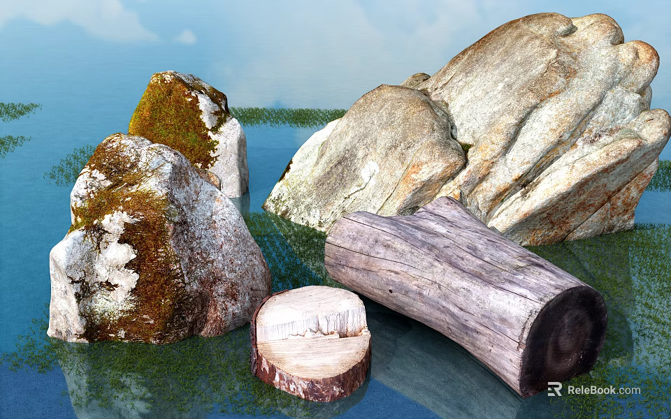 Natural Outdoor Scenery With Mossy Stones And Wooden Trunk Stump Near Water Grass 3d model 