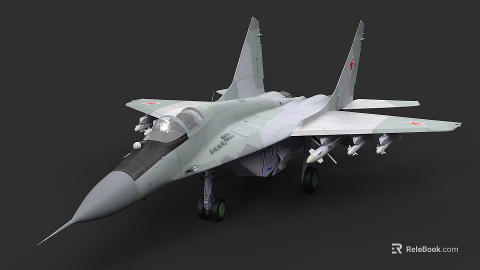 Light Gray Fighter Jet With Red Star Emblem Landing Gear And Missile Attachments 3d model 