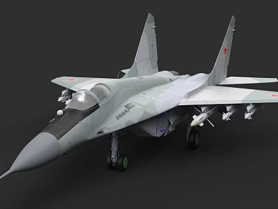 Light Gray Fighter Jet With Red Star Emblem Landing Gear And Missile Attachments 3d model