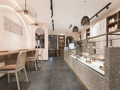 Cozy Modern Dessert Shop Interior With Glass Display Cases Pastry Counter And Seating Area 3d model