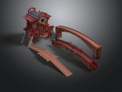 Red Architectural Model Featuring Curved Structure And Multi Level Intricate Platforms 3d model