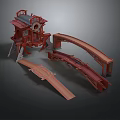 Red Architectural Model Featuring Curved Structure And Multi Level Intricate Platforms
