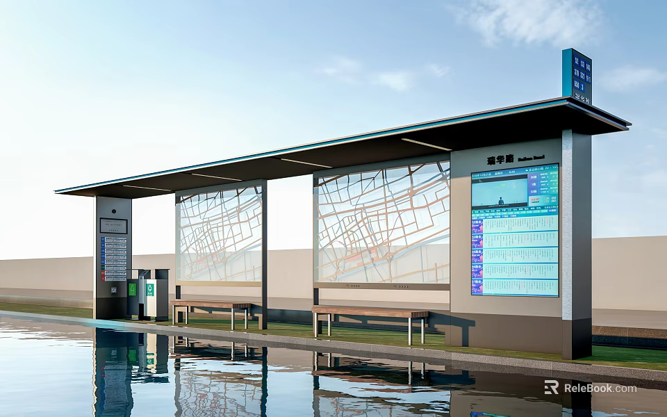 Modern Roofed Bus Station With Electronic Display Board Benches And Geometric Patterns 3d model 