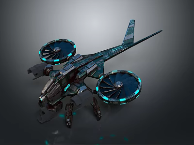 Futuristic Sci Fi Aircraft With Dual Blue Glowing Rotors Streamlined Body And Metallic Texture 3d model