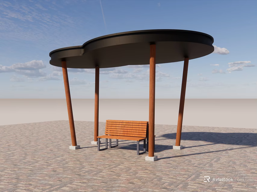 Modern Outdoor Pergola Featuring Black Roof Brown Pillars And Orange Bench On Paved Ground 3d model 
