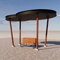 Modern Outdoor Pergola Featuring Black Roof Brown Pillars And Orange Bench On Paved Ground