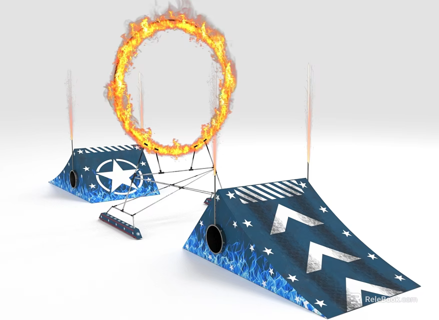 Commercial Stunt Performance Equipment With Flaming Ring And Star Stripe Patterned Ramps 3d model 