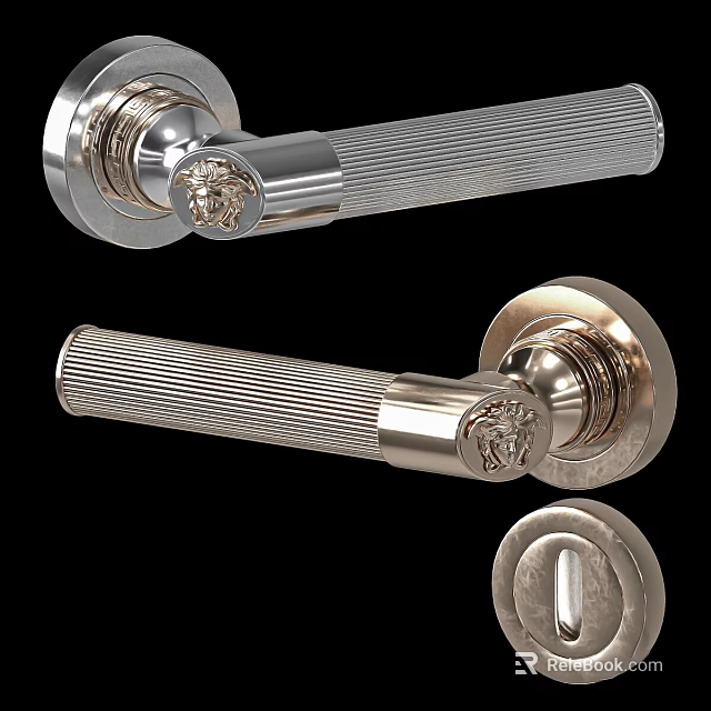 Classic Brass Door Handle With Ribbed Surface And Lion Head Decorative Detail 3d model 
