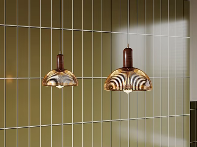 Modern Brown Woven Pendant Lights Hanging Against Green Tile Wall 3d model
