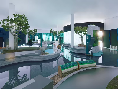 Modern Indoor Space With Circular Water Pools Green Trees And Rest Benches 3d model