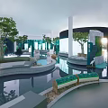 Modern Indoor Space With Circular Water Pools Green Trees And Rest Benches