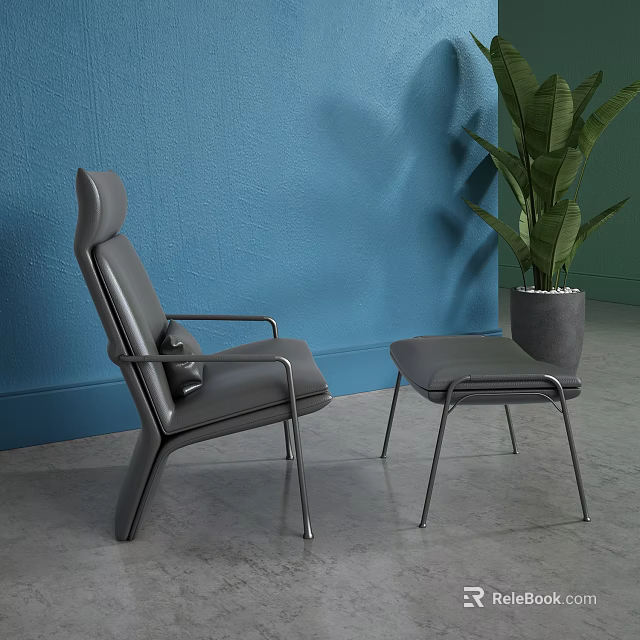 Gray Leather Leisure Chair With Metal Legs Ottoman Blue Wall And Green Plant 3d model 