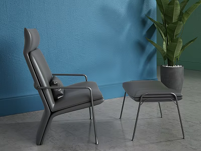 Gray Leather Leisure Chair With Metal Legs Ottoman Blue Wall And Green Plant 3d model