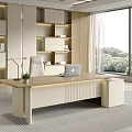 Modern Office Desk With Laptop Potted Plant And Large Window Near Wooden Shelves