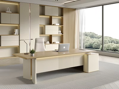 Modern Office Desk With Laptop Potted Plant And Large Window Near Wooden Shelves 3d model