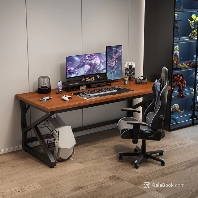 Wooden Office Desk Setup With Dual Monitors Ergonomic Gaming Chair And PC Tower 3d model 