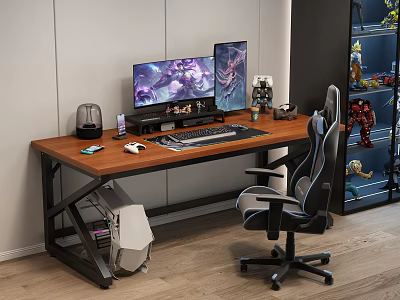 Wooden Office Desk Setup With Dual Monitors Ergonomic Gaming Chair And PC Tower 3d model