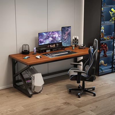 Wooden Office Desk Setup With Dual Monitors Ergonomic Gaming Chair And PC Tower 3d model