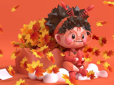Cartoon Character Cartoon Scene Cute Style Autumn Leaves Scene Character Ornaments 3d model