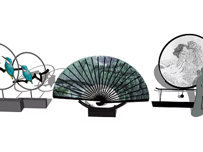 Decorative Ornament Set With Folding Fan Landscape Pattern Circular Base Bird Decoration For Home Interior 3d model