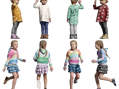 Cute Girls Wearing Colorful Sweaters And Ruffled Skirts In Various Styles 3d model