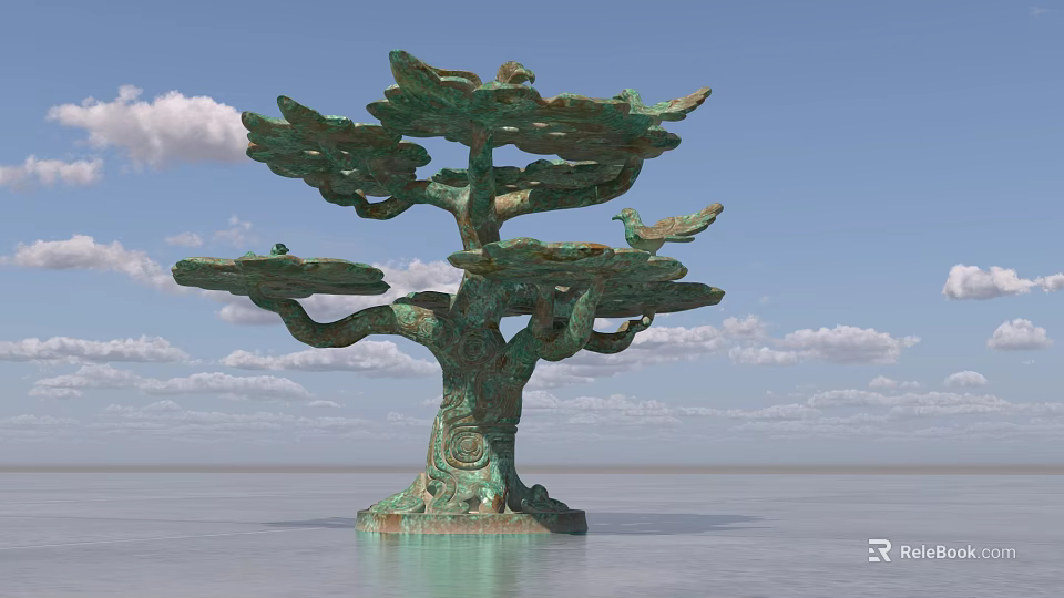 Green Tree Shaped Landscape Sculpture With Birds On Branches Ornate Base And Water Surface Background 3d model 