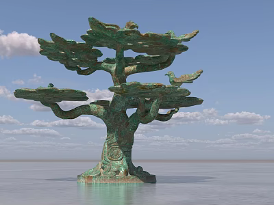 Green Tree Shaped Landscape Sculpture With Birds On Branches Ornate Base And Water Surface Background 3d model